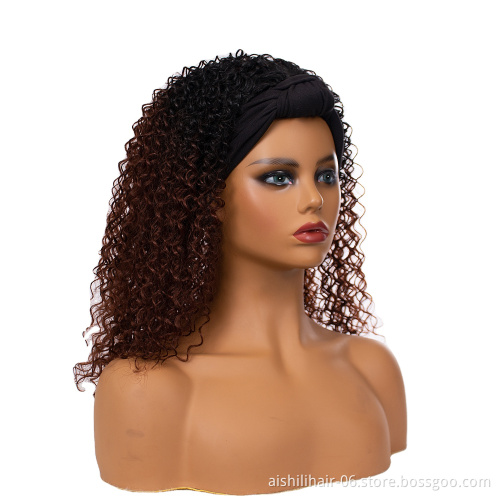 Wholesale Ombre Black To Dark Brown Synthetic Kinky Curly Hair Wigs With Headband For Women